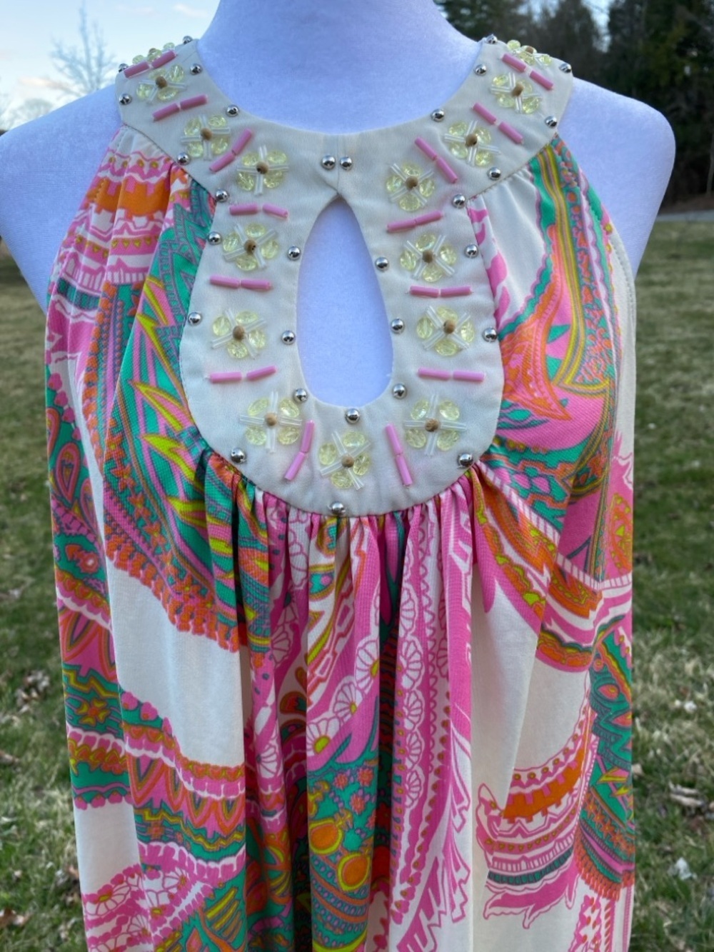 Vtg ICE Beaded Paisley Dress Small BoHo Keyhole Neck Colorful 70s 70s Style